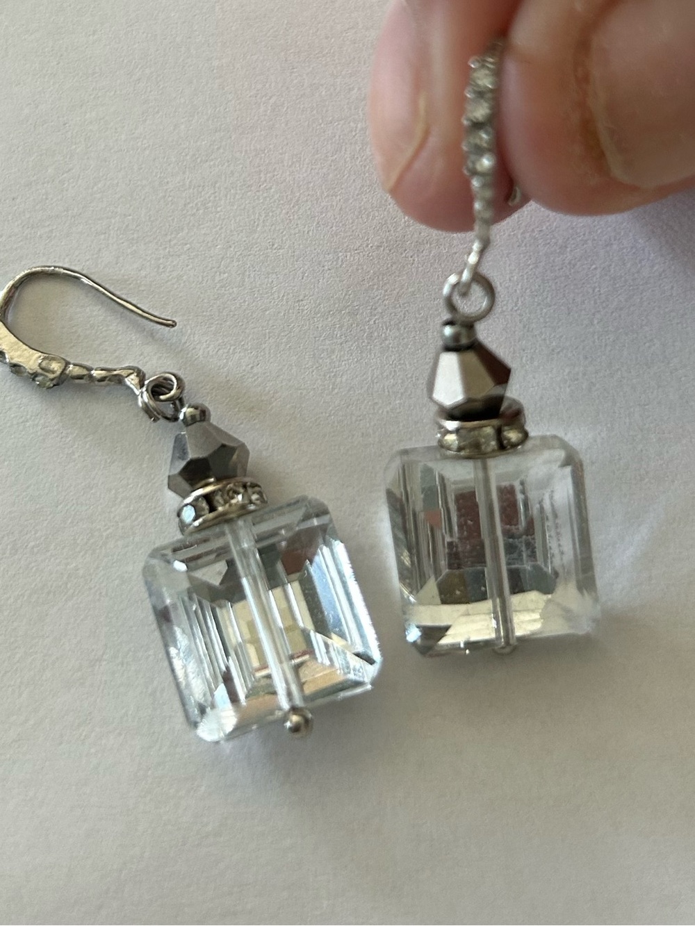 Crystal Cube Drop Earrings - Clear and Silver